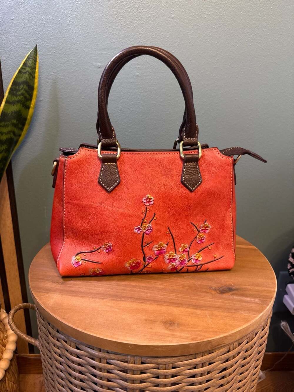 Vintage Genuine Leather Cherry Blossom Embossed Handbag